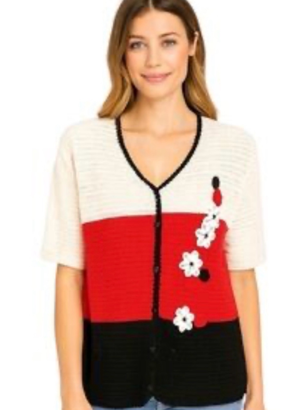 Sag Harbor Colorblock Floral Button-Front Cardigan in Cream, Red & Black